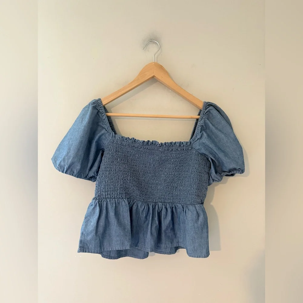 J. Crew‎ Square Neck Smocked Chambray Short Puff Sleeve Top in Blue Denim Peplum